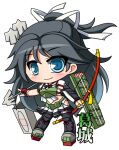  1girl black_thighhighs blue_eyes blush bow_(weapon) character_name chibi chibi_only closed_mouth commentary_request full_body grey_shoes hair_ribbon holding holding_bow_(weapon) holding_weapon kantai_collection katsuragi_(kancolle) katsuragi_kai_(kancolle) miniskirt pleated_skirt ribbon shinjitsu shoes simple_background skirt smile solo standing thighhighs weapon white_background white_ribbon white_skirt 