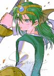  1boy blue_eyes blue_gem commentary dirty dirty_face dragon_quest dragon_quest_iv earrings fighting_stance forehead_protector furrowed_brow gem green_hair green_tunic hair_between_eyes hero_(dq4) highres holding holding_shield holding_sword holding_weapon jewelry long_hair male_focus mouyi sample_watermark shield shirt signature single_earring slime_(dragon_quest) solo sword tunic upper_body watermark weapon white_background white_shirt winged_headwear 