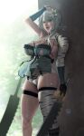  1girl against_wall alternate_breast_size_(larger) areola_slip bandaged_arm bandaged_leg bandaged_neck bandages black_gloves blue_negligee breasts commentary_request cross-laced_clothes cross-laced_panties gloves grey_hair hair_rings highres huge_breasts jagged_sword jeneral kaine_(nier) lens_flare lingerie lunar_tear negligee nier nier_(series) panties single_glove solo underwear white_panties 
