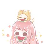  1girl :3 ahoge animal animal_on_head argyle_clothes argyle_dress bloom_poetry_(shining_nikki) brown_eyes cat cat_on_head chibi chinese_commentary cloak closed_mouth clothed_animal commentary_request covered_mouth cowboy_shot cross-laced_clothes cross-laced_dress dress ear_covers eating flower food fruit holding holding_food holding_fruit hood hood_up hooded_cloak light_blush long_hair long_sleeves momo_(nikki) nikki_(nikki) nikki_(series) on_head pinafore_dress pink_dress pink_flower pink_hair shining_nikki shirt simple_background sleeveless sleeveless_dress smile solid_oval_eyes sparkle very_long_hair watermark watermelon watermelon_slice wavy_hair weibo_watermark whiskers white_background white_cat white_shirt xiaoyu_qixing yellow_cloak 