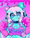  :3 :d animal_ear_headphones animal_ears animal_hands animated animated_gif aqua_skin bear_ear_headphones bear_ears blood blood_on_breasts blood_on_face breasts chain checkered_background closed_mouth colored_blood colored_skin commentary english_commentary fake_animal_ears fang gloomy_bear headphones inky_trash itazuraguma_no_gloomy large_breasts lowres navel nitroplus open_mouth pink_background pink_blood pink_eyes pink_hair pink_tank_top shirt smile stitches super_sonico tank_top torn_clothes torn_shirt yami_kawaii zombie 
