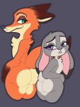  3:4 anthro backsack balls big_butt brown_body brown_fur buckteeth butt canid canine dipstick_ears dipstick_tail disney duo ear_markings eyelashes female floppy_ears fox fur genitals gloves_(marking) green_eyes grey_background grey_body grey_fur hi_res judy_hopps lagomorph leporid looking_back lop_ears male mammal markings mschaox6 multicolored_ears nick_wilde nude orange_body orange_fur pink_nose purple_eyes rabbit rear_view simple_background smile tail tail_markings tan_body tan_fur teeth thick_thighs wide_hips zootopia 
