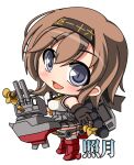  1girl :d black_hairband black_skirt blue_eyes blush boots brown_hair character_name chibi chibi_only commentary_request double-parted_bangs full_body gloves hair_between_eyes hairband hand_up kantai_collection miniskirt multicolored_gloves open_mouth outstretched_arm pleated_skirt red_boots rigging shinjitsu shirt short_hair simple_background skirt sleeveless sleeveless_shirt smile solo standing teruzuki_(kancolle) thighhighs two-tone_gloves white_background white_gloves white_shirt white_thighhighs 