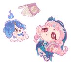  1girl ahoge animal aqua_dress baobao_gu_zhence_yuan bare_shoulders blue_bow blue_bowtie blue_cloak blue_dress blue_fire blue_sandals blue_veil blunt_bangs book bow bowtie bracelet braid brown_eyes candle_wax cat chibi chinese_commentary circlet cloak clothed_animal coattails commentary_request dress eyes_visible_through_headwear fire floating floating_hair flower flower_in_eye frilled_dress frills halter_dress halterneck hat_feather holding holding_book hood hood_up hooded_cloak infinity_nikki jewelry layered_dress light_blush long_hair low_twin_braids luster_covenant_(infinity_nikki) momo_(nikki) nikki_(nikki) nikki_(series) official_alternate_costume one_eye_covered open_mouth outline pawpads pink_flower pink_hair pink_outline reaching sandals short_dress symbol_in_eye tailcoat tareme transparent_background twin_braids veil very_long_hair white_cat x_navel 