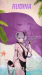  1girl blunt_bangs breasts brown_dust_(series) brown_dust_2 character_name drill_hair drill_ponytail english_text gun handgun highres holding holding_gun holding_weapon long_hair looking_at_viewer medium_breasts narrowed_eyes official_art open_mouth purple_hair revealing_clothes rudina_(brown_dust) single_drill smile solo weapon zoom_layer 