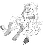  2girls assisted_masturbation blush boots cho_kaguya-hime! female_masturbation forehead_jewel greyscale hair_ornament hair_rings hair_stick heart highres long_hair long_sleeves looking_at_another masturbation monochrome multiple_girls one_eye_closed parted_lips pom_dovu runami_yachiyo sakayori_iroha simple_background sitting sitting_on_lap sitting_on_person sketch smile twintails very_long_hair white_background yuri 