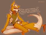  2023 anthro balls biped blush bottomless bottomless_anthro bottomless_male canid canine clothed clothing digital_media_(artwork) dipstick_tail english_text foreskin fox fox_mccloud fur genitals grey_background humanoid_genitalia humanoid_penis lawyerdog male mammal markings multicolored_body multicolored_fur nintendo orange_body orange_fur penis retracted_foreskin simple_background sitting solo star_fox tail tail_markings text topwear two_tone_body two_tone_fur vest white_balls white_body white_fur 