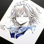  1girl braid commentary_request grey_hair izayoi_sakuya looking_at_viewer maid_headdress medium_hair neck_ribbon portrait purple_eyes ribbon shikishi side_braids simple_background solo touhou traditional_media tsubameyado white_background 