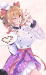  1girl apron bow breasts brown_eyes brown_hair candy chef chef_hat chocolate commentary_request drill_hair earrings food hair_bow hat heart heart-shaped_chocolate heart-shaped_food holding holding_plate jewelry large_breasts looking_at_viewer mini_chef_hat mini_hat multiple_hair_bows multiple_rings niradama_(nira2ratama) one_eye_closed open_mouth plate red_bow revision ring solo touhou twin_drills valentine waist_apron waist_bow white_background yorigami_jo'on 