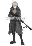  1boy absurdres ahoge anti-materiel_rifle black_coat black_gloves black_pants boots brown_sweater closed_mouth coat combat_boots commentary commission english_commentary fingerless_gloves full_body gloves grey_coat grey_hair gun hair_between_eyes highres holding holding_gun holding_weapon lace-up_boots long_sleeves looking_at_viewer male_focus open_clothes open_coat original owl_pencil pants red_eyes rifle scope short_hair simple_background sniper_rifle solo standing sweater trench_coat turtleneck turtleneck_sweater watermark weapon white_background 