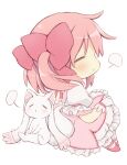  1girl absurdres blush bow bubble_skirt chibi chibi_only closed_eyes commentary_request dress frilled_skirt frilled_sleeves frills gloves hair_bow highres hitode kaname_madoka kaname_madoka_(magical_girl) kyubey long_hair magical_girl mahou_shoujo_madoka_magica mahou_shoujo_madoka_magica_(anime) parted_lips pink_bow pink_dress pink_hair pink_shoes puff_of_air puffy_short_sleeves puffy_sleeves shoes short_dress short_sleeves simple_background sitting skirt socks twintails white_background white_gloves white_skirt white_socks 