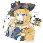  1girl black_hat blonde_hair blue_eyes bow breasts cleavage commentary_request drill_hair flower genshin_impact hat hat_flower jewelry long_hair musical_note nanase_sato navia_(genshin_impact) orange_bow smile spoken_musical_note sunglasses twitter_username vision_(genshin_impact) white_background 