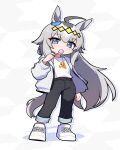  1girl absurdres ahoge animal_ears belt black_pants blue_eyes brooch brown_belt candy carrot_print commentary ear_ornament food food_print full_body grey_hair grey_tail hair_between_eyes hair_ornament hairband highres holding holding_candy holding_food holding_lollipop horse_ears horse_girl horse_tail jacket jewelry jorang_(jorang08) korean_commentary lollipop long_hair long_sleeves multicolored_hair necklace oguri_cap_(umamusume) open_clothes open_jacket pants shirt shoes solo star_brooch tail umamusume white_jacket white_shirt white_shoes 