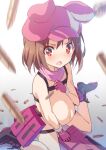 1girl absurdres animal_hat big_belly black_boots blush boots brown_eyes brown_hair bullet bullpup closed_mouth commentary craytm flat_chest fn_p90 fur-trimmed_gloves fur_trim gloves gun hair_between_eyes hat highres inflation lace-up_boots llenn_(sao) looking_at_viewer motion_blur navel nude p-chan_(p90) pink_gloves pink_hat pink_scarf pregnant scarf sitting solo submachine_gun sword_art_online sword_art_online_alternative:_gun_gale_online untranslatable_commentary v-shaped_eyebrows wariza wavy_mouth weapon white_background 