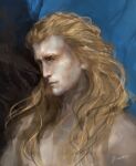 1girl alinemorec artist_name blonde_hair blue_background brown_background elden_ring godwyn_the_golden highres long_hair looking_at_viewer looking_to_the_side sketch solo topless topless_male 