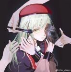  1girl 2others bang_dream! bang_dream!_it's_mygo!!!!! beret black_background black_mask brooch chinese_commentary commentary_request crossed_arms gem green_gem green_hair hat highres holding holding_brush holding_makeup_brush holding_mask jewelry long_hair looking_at_viewer makeup_brush mask mikann_(clm_mikan) mortis_(bang_dream!) mortis_(costume)_(bang_dream!) multiple_others parted_lips pov pov_hands red_hat simple_background solo_focus upper_body wakaba_mutsumi watermark weibo_watermark yellow_eyes 