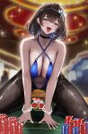  1girl 96mako absurdres arm_support bare_shoulders black_choker blue_one-piece_swimsuit bracelet breasts brown_dust_(series) brown_dust_2 brown_hair brown_hiphighs card casino_card_table center_opening choker cleavage collarbone commentary criss-cross_halter full_body hair_between_eyes hair_ornament halterneck highres hiphighs indoors jewelry kneeling korean_commentary large_breasts looking_at_viewer medium_hair navel one-piece_swimsuit open_mouth playing_card poker_chip scheherazade_(brown_dust) scheherazade_(deliberate_ace)_(brown_dust) shadow sidelocks smile solo stomach swimsuit table teeth tongue tongue_out upper_teeth_only white_nails yellow_eyes 