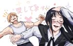  black_cape black_hair black_ribbon blush cape chainsaw_man closed_eyes collared_shirt commentary denji_(chainsaw_man) english_commentary hand_in_own_hair heart highres hitting long_sleeves meme miyajiwm naoya_hitting_choso_without_looking_(meme) neck_ribbon open_mouth ponytail ribbon scar scar_on_cheek scar_on_face scar_on_nose sharp_teeth shirt sidelocks smile teeth white_background white_shirt yoru_(chainsaw_man) 