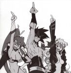  1boy 2girls boota_(ttgl) breasts goggles goggles_on_head highres kamina_pose kamina_shades large_breasts monochrome multiple_girls muscular muscular_male nia_teppelin official_art pointing pointing_up simon_(ttgl) simon_shades tengen_toppa_gurren_lagann triangular_eyewear yoko_littner 