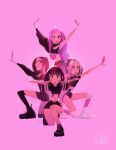  4girls absurdres arm_up arms_up black_eyeliner black_hair black_pants black_shorts black_thighhighs blackpink bob_cut boots brown_hair closed_mouth crop_top eyeliner full_body highres jennie_(blackpink) jisoo_(blackpink) kneeling lisa_(blackpink) long_hair long_sleeves looking_at_viewer makeup midriff multiple_girls navel pants pink_background pink_hair pink_light pink_lips purple_hair red_lips rose_(blackpink) shoes shorts signature simple_background smile sneakers stasya-sher thighhighs white_hair white_shoes wide_sleeves 