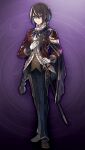  1boy ascot black_hair black_pants braid brown_jacket brown_shoes clovis_(grimms_notes) clovis_(original)_(grimms_notes) flower full_body game_asset glasses grimms_notes hair_between_eyes hand_on_hilt hand_on_own_chest hosato_mikine jacket long_hair male_focus multicolored_hair non-web_source official_art pants parted_lips purple_background purple_eyes purple_flower purple_ribbon purple_rose ribbon rose sheath sheathed shoes single_braid solo standing streaked_hair sword weapon white_ascot white_streaks 