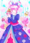  1girl :d ;d blue_dress blunt_bangs bow breasts cake commentary_request cupcake dress earrings facial_mark fire_emblem fire_emblem_engage fire_emblem_heroes floral_print floral_print_dress flower folded_twintails food hair_rings hands_up heart heart_earrings heart_facial_mark highres holding holding_cake holding_food hortensia_(cutesplosion)_(fire_emblem) hortensia_(fire_emblem) jewelry long_sleeves looking_at_viewer miko0109mtrz multicolored_hair multicolored_tiara official_alternate_costume one_eye_closed open_mouth pink_eyes pink_hair polka_dot polka_dot_bow print_dress rose sidelocks small_breasts smile solo two-tone_hair 