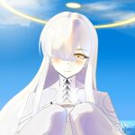  1girl absurdres acppla blue_archive coffee colored_skin commentary cup english_commentary hair_over_one_eye halo head_tilt highres holding holding_cup long_hair long_sleeves malkuth_(blue_archive) one_eye_covered sky sleeves_past_fingers sleeves_past_wrists smile solo symbol-shaped_pupils white_hair white_skin x-shaped_pupils yellow_eyes 