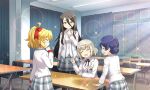  4girls ^_^ ahoge alternate_universe arm_on_table artist_request bare_legs black_hair black_ribbon black_shoes black_socks blazer blonde_hair blue_hair bow brown_shoes buttons ceiling_light chair checkered_floor classroom closed_eyes collared_jacket collared_shirt contemporary crest curtains desk elisa_celjska fleur-de-lis from_behind full_body game_asset grey_hair grey_skirt hair_between_eyes hair_bow hair_bun hand_on_own_chest hand_on_own_chin hand_on_table happy indoors jacket jeanne_d'arc_(madoka_magica) kneehighs lapels layered_sleeves light_blush light_particles liz_hawkwood loafers loose_hair_strand magia_record:_mahou_shoujo_madoka_magica_gaiden mahou_shoujo_madoka_magica mahou_shoujo_tart_magica medium_hair melissa_de_vignolles miniskirt multiple_girls neck_ribbon notched_lapels official_alternate_costume official_art on_chair open_clothes open_jacket open_mouth plaid_clothes plaid_skirt pocket pointing pointing_up pointy_nose ponytail red_bow red_wrist_cuffs ribbon school_chair school_desk school_uniform shadow shirt shoes short_hair sidelocks single_hair_bun sitting skirt socks sparkle thighhighs white_jacket white_shirt white_thighhighs wrist_cuffs 