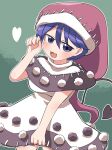  1girl black_capelet blue_eyes blue_hair blush capelet cowboy_shot doremy_sweet dress hair_between_eyes hat heart highres multicolored_clothes multicolored_dress nightcap open_mouth pom_pom_(clothes) red_headwear rokugou_daisuke short_hair signature smile solo tail tapir_tail touhou 