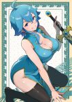 1girl absurdres ahoge ass bare_arms blue_hair blue_tunic blush breasts cleavage commentary commission commissioner_upload dress earrings english_commentary fire_emblem fire_emblem:_genealogy_of_the_holy_war grin groin hand_on_ground hand_up headband highres holding holding_sword holding_weapon jewelry kneeling large_breasts looking_at_viewer mashiroshiro no_panties no_shoes open_clothes original outside_border pelvic_curtain popped_collar purple_eyes selia_(mrtalkingdino) sheath sheathed short_hair sidelocks skeb_commission skindentation sleeveless sleeveless_dress smile solo sword thighhighs thighs tomboy tunic weapon white_headband 