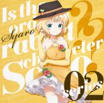  1girl album_cover aqua_eyes bare_shoulders black_hat blonde_hair blue_eyes blunt_bangs bow character_name closed_mouth collarbone copyright_name cover cowboy_shot criss-cross_halter dress elbow_gloves fingerless_gloves flower frills gloves gochuumon_wa_usagi_desu_ka? halterneck hat hat_bow highres kirima_syaro layered_dress looking_at_viewer official_art orange_bow orange_dress ribbon short_hair skirt smile solo standing thighhighs twirling_hair white_thighhighs yellow_background yellow_bow yellow_dress yellow_gloves zettai_ryouiki 