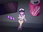  1girl :q ;q absurdres alternate_hairstyle alternate_size ankle_boots aqua_nails arm_support bare_legs bare_shoulders baseball_cap black_hat black_shorts blue_eyes blue_hair blush boots breasts bright_pupils can cleavage closed_mouth collarbone colored_tips commentary_request company_logo cropped_shirt crossed_legs dark drink_can full_body hat highres ink_(inksgirls) large_breasts long_hair looking_at_viewer looking_up melody_(projektmelody) melody_(projektmelody)_(1st_costume) micro_shorts midriff mini_person minigirl multicolored_boots multicolored_hair navel neon_trim off-shoulder_shirt off_shoulder one_eye_closed pink_trim purple_boots purple_hair shirt short_sleeves shorts sitting smile solo straight-on swept_bangs tongue tongue_out translation_request two-tone_boots two-tone_hair two-tone_hat two-tone_shorts variant_set vshojo white_boots white_hat white_pupils white_shirt white_shorts 
