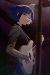  1girl absurdres bangs bass_guitar black_skirt blue_hair bocchi_the_rock! fender_precision_bass hair_ornament hairclip highres holding holding_instrument instrument jiki_(gkdlfnzo1245) long_sleeves microphone music playing_instrument short_hair skirt solo sweat yamada_ryou yellow_eyes 
