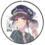  1girl alternate_costume badge blush commentary_request copyright_name dated fujinami_(kancolle) gradient_hair grey_hair hair_ribbon hamanami_(kancolle) hat hatomugi_seika hayanami_(kancolle) kantai_collection looking_at_viewer lowres multicolored_hair purple_hair purple_hat ribbon shirt side_ponytail signature simple_background smile solo upper_body v white_background yellow_eyes 