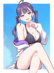  1girl ahoge armpit_crease bikini black_bikini blue_eyes blush breasts collarbone commentary_request crossed_legs fingernails gakuen_idolmaster highres hyoe_(hachiechi) idolmaster jacket kaya_rinha large_breasts long_hair looking_at_viewer nail_polish open_mouth purple_hair purple_nails sitting solo swimsuit twintails white_jacket 
