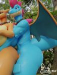  2022 3d_(artwork) anthro big_breasts blue_body breasts charizard detailed_background digital_media_(artwork) dragon duo female female/female feraligatr fingering generation_1_pokemon generation_2_pokemon hi_res huge_breasts nintendo nude outside plant pokemon pokemon_(species) scalie seductive sky standing sticki_bun tree wings yuki_(evov1) 