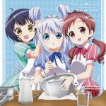  3girls :d :o album_cover alternate_hairstyle apron argyle_background black_hair blue_background blue_dress blue_eyes blue_hair bow bowl cover dress fang food fruit gochuumon_wa_usagi_desu_ka? green_dress hair_bow hair_ornament highres jouga_maya kafuu_chino long_hair looking_at_viewer mixing_bowl multiple_girls natsu_megumi official_art open_mouth pastry_bag puffy_short_sleeves puffy_sleeves red_dress red_eyes red_hair short_hair short_sleeves smile striped_clothes striped_dress twintails vertical-striped_clothes vertical-striped_dress whisk x_hair_ornament yellow_eyes 