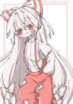  1girl blush border bow closed_mouth collared_shirt commentary_request fujiwara_no_mokou grey_hair grey_shirt hair_between_eyes hair_bow hand_in_pocket highres inset_border long_hair looking_at_viewer mokotan802 multiple_hair_bows ofuda ofuda_on_clothes outside_border pants red_border red_eyes red_pants shirt smile solo suspenders touhou twitter_username very_long_hair 