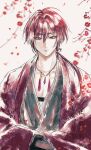  1boy absurdres branch collarbone commentary_request eyeshadow flower hair_between_eyes hands_in_opposite_sleeves haori highres japanese_clothes jewelry kayoi kimono makeup male_focus necklace original red_eyeshadow red_hair red_haori 