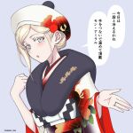  1girl :o beret blonde_hair blue_background blush commentary_request cypress floral_print hat japanese_clothes jewelry kantai_collection kimono looking_at_viewer mole mole_under_eye mole_under_mouth obi official_alternate_costume parted_lips richelieu_(kancolle) ring sash simple_background solo speech_bubble translation_request twitter_username upper_body wedding_ring 