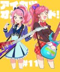  2girls :d ;d aikatsu! aikatsu!_(series) aikatsu_stars! bad_id bad_pixiv_id black_jacket blue_eyes bow bowtie cropped_legs dream_academy_school_uniform dress drill_hair frilled_dress frills guitar hair_bow highres holding holding_guitar holding_instrument holding_plectrum in-franchise_crossover instrument jacket long_hair long_sleeves looking_at_viewer multiple_girls one_eye_closed open_mouth otoshiro_seira pink_hair plaid_clothes plaid_skirt pleated_dress pleated_skirt plectrum ponytail red_bow red_bowtie red_skirt sakuraba_rola sakuragi_mochi school_uniform shirt simple_background skirt smile standing translation_request v-shaped_eyebrows white_shirt yellow_background yotsuboshi_academy_school_uniform 