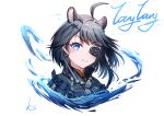  1girl ahoge animal_ears arknights arknights:_endfield black_hair black_jacket blue_eyes blush character_name closed_mouth commentary cropped_shoulders earrings english_commentary eyepatch hair_ornament hairclip highres jacket jewelry looking_at_viewer necklace nnnnnoeru one_eye_covered short_hair simple_background smile solo tangtang_(arknights) water white_background 
