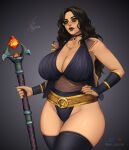  1girl adoreynna_morgan artist_name ave_poppea black_background black_hair black_lips black_nails breasts choker cleavage commentary fingerless_gloves fingernails forehead gloves gold_necklace highres holding holding_staff huge_breasts jewelry legs lips lipstick long_fingernails long_hair makeup necklace nose nostrils original patreon_logo semi-rimless_eyewear signature simple_background sleeveless staff sunglasses thick_thighs thigh_gap thighhighs thighs twitter_logo twitter_username yellow-framed_eyewear yellow_eyes 