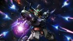  absurdres battle beam_cannon copyright_notice debris earth_federation energy energy_beam engage_gundam explosion firing funnels_(gundam) glowing glowing_eyes green_eyes gundam gundam_battle_operation_2 gundam_u.c._engage highres mecha mecha_focus mobile_suit nebula no_humans official_art painting_(medium) realistic robot scan science_fiction solo space star_(sky) sunrise_(company) tenjin_hidetaka thrusters traditional_media v-fin zero_gravity 