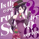  1girl album_cover bare_shoulders black_gloves black_hat breasts character_name cleavage cleavage_cutout closed_mouth clothing_cutout collarbone copyright_name cover cowboy_shot dress elbow_gloves english_text fingerless_gloves flower gloves gochuumon_wa_usagi_desu_ka? hair_between_eyes hair_ribbon hand_on_own_hip hat hat_flower highres holding holding_microphone long_hair medium_breasts microphone official_art ponytail purple_background purple_dress purple_eyes purple_gloves purple_hair red_flower red_ribbon ribbon signature sleeveless sleeveless_dress solo standing tedeza_rize very_long_hair 