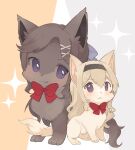  animal animal_focus animal_with_hair animalization black_hairband blonde_hair blush bow bowtie brown_cat brown_hair cat closed_mouth commentary frown hair_ornament hairband light_smile nako_(user_wnnm5534) no_humans purple_eyes red_bow red_bowtie saijo_claudine shoujo_kageki_revue_starlight size_difference tendo_maya x_hair_ornament 