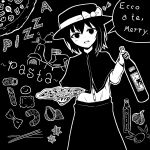  1girl absurdres blush bottle bow buttons capelet commentary drink food food_request galm_x_lmr_(ryonasa) garlic greyscale hat hat_bow highres holding holding_bottle holding_drink holding_food holding_pizza italian_text long_sleeves monochrome motor_vehicle motorcycle musical_note open_mouth pasta pizza shirt_tucked_in short_hair skirt teeth touhou translation_request upper_teeth_only usami_renko 