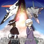  2girls 2others absurdres ace_combat ace_combat_zero adfx-02_morgan aircraft airplane bag black_capelet black_hat black_skirt blonde_hair bow capelet character_print closed_eyes collared_dress commentary contrast_collar dress f-15_eagle fighter_jet galm_x_lmr_(ryonasa) gap_(touhou) green_bag hand_on_own_chest hat hat_bow helmet highres holding holding_bag holding_suitcase holding_unworn_helmet long_sleeves maribel_hearn military_vehicle missile mob_cap multiple_girls multiple_others neckwear_request pilot purple_dress ribbon-trimmed_capelet ribbon_trim rocket shirt shirt_tucked_in short_hair skirt smoke suitcase touhou unworn_headwear unworn_helmet usami_renko white_bow white_hat white_shirt yellow_eyes 