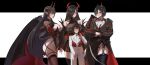  1boy 3girls absurdres age_difference ass azur_lane bare_shoulders black_coat black_garter_straps black_hair black_thighhighs blush breasts brown_thighhighs coat commander_(azur_lane) commentary covered_navel cowboy_shot detached_sleeves febicoron friedrich_der_grosse_(azur_lane) from_side garter_straps goetz_von_berlichingen_(azur_lane) gold_trim hair_over_one_eye height_difference highres horns jacket large_breasts little_boy_commander_(azur_lane) long_hair long_sleeves looking_at_another mechanical_horns military_uniform multiple_girls o-ring o-ring_garter_straps o-ring_thigh_strap onee-shota pants red_horns short_hair simple_background thigh_strap thighhighs ulrich_von_hutten_(azur_lane) untranslatable_commentary very_long_hair white_background white_jacket white_pants 
