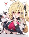  1girl absurdres bare_shoulders black_skirt black_thighhighs blonde_hair blush breasts chalky_(zenless_zone_zero) cissia_(zenless_zone_zero) closed_mouth commentary cowboy_shot detached_sleeves fang finger_to_mouth hair_ornament hairclip heart highres large_breasts long_hair looking_at_viewer mayoa metal_wrist_cuffs miniskirt pink_nails pom_pom_(clothes) pom_pom_hair_ornament shushing simple_background skin_fang skirt smile snake snake_girl snake_tail solo spoken_heart sweat tail thighhighs white_background white_snake zenless_zone_zero 